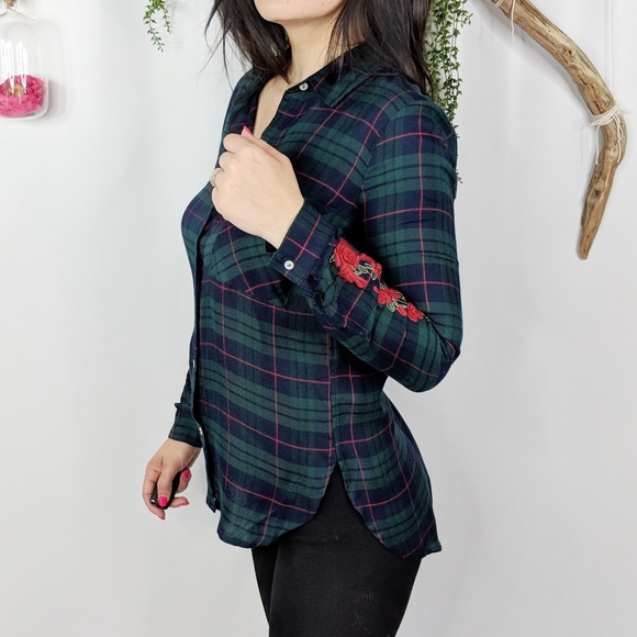 CURRENT AIR green plaid rose embroidery top 0745 - Picture 5 of 8